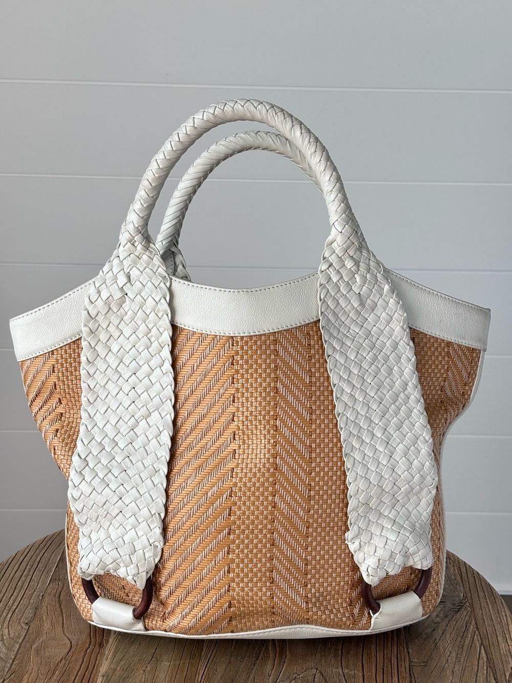 Cole Haan Tarran Tote Bag White Leather and Woven Straw